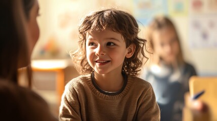 A smiling child engages in conversation with an adult, showcasing curiosity and warmth in a bright, educational setting.
