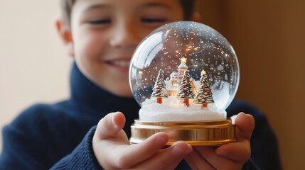 Smiling Child Holding Sparkling Christmas Snow Globe