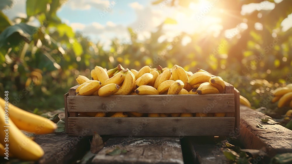 Poster wooden crate packed with ripe bananas on a rustic table framed by a bright green field under a sunny