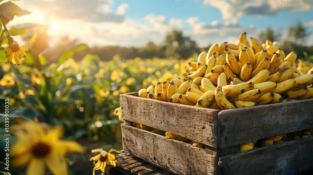 Aufkleber wooden crate packed with ripe bananas on a rustic table framed by a bright green field under a sunny