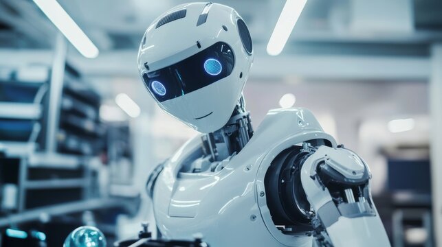 A futuristic robotic assistant performing routine maintenance in a clean, high-tech industrial facility, advanced and organized environment with a focus on industrial automation