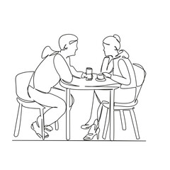 One continuous single drawing line art flat doodle cafe, person, sitting, adult, man, woman, table, young adult, lifestyle, adults only. Isolated image hand draw contour on a white background
