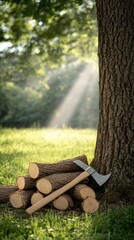 Gardening tools rest on vibrant green grass with wood for firewood, surrounded by flourishing trees in a peaceful outdoor area