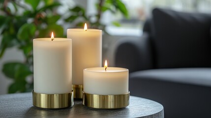 Elegant Flame: Serene Candle Trio on Modern Home Interior