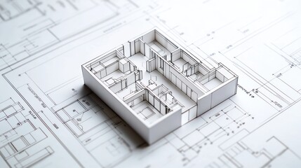 Architectural model on blueprint, showcasing spatial design.