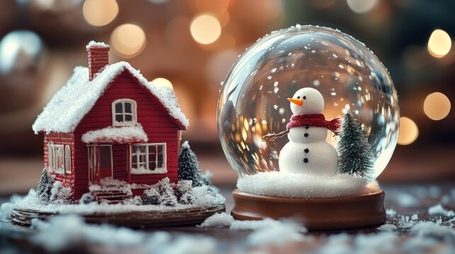 A snowman is inside a glass globe on a table next to a red house - Powered by Adobe