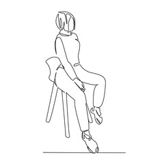 One continuous single drawing line art flat doodle woman, sitting, stool, lifestyle, chair, person, bar, indoor, stylish, trendy. Isolated image hand draw contour on a white background