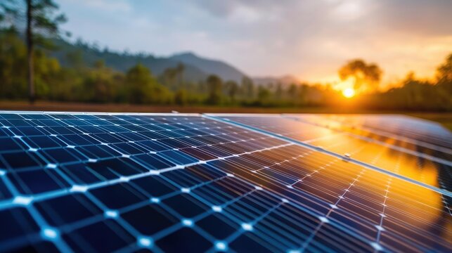 Close-up of solar panels reflecting sunlight at sunset.