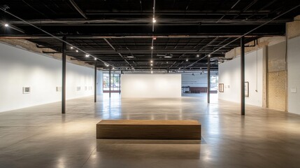 Modern Art Gallery Interior with Wooden Bench