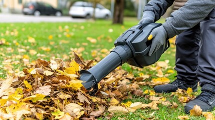 A person is tidying up fallen autumn leaves with a leaf blower in a tranquil forest on a clear autumn day