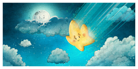 Estrella cayendo por la noche, ilustracion infantil © cirodelia