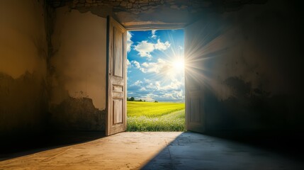Opened door concept. A door is opened to a whole new world, freedom, opportunity, solution, challenge, and possibility to get out from dark room