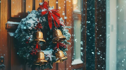 Snow-Covered Christmas Wreath with Golden Bells on Wooden Door