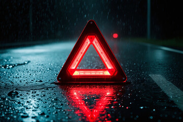 Red triangle warning sign on wet asphalt road with rain drops. Selective focus.