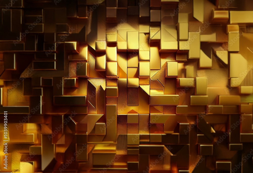 Poster Abstract geometric gold background with textured surfaces and light reflecting off the edges of the shapes.