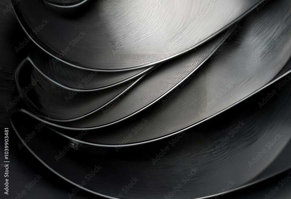Poster stack of black curved plates with a textured surface.