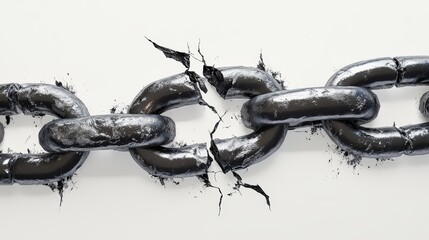 Braking and setting free concept. Chain is broken apart on white background representing freedom and independence.