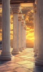Ancient stone columns with sunset sky view.