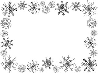 Winter snowflakes border, background, frame. Holiday card banner. Snow elements.