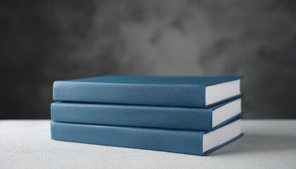 Stack of 3 books with blank hard covers on cement table. Mock-up.