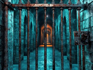 Rusted Heavy Metal Prison Gate in Dark Environment
