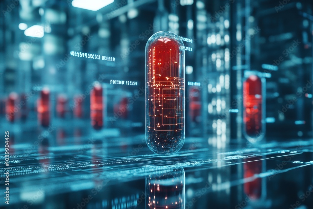 Poster a futuristic red capsule stands amidst digital data streams in a high-tech lab environment