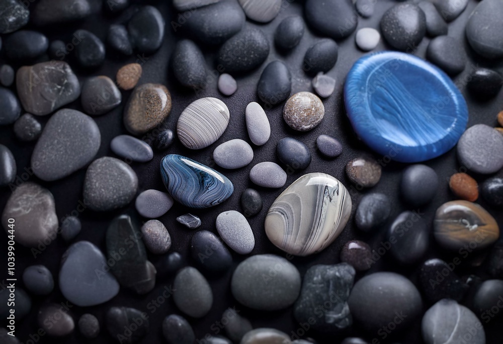 Aufkleber smooth grey and blue stones of various sizes are arranged on a black background.
