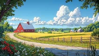 Cartoon-style scene with a beautiful farm with green fields, blue sky, and a sunny day. 