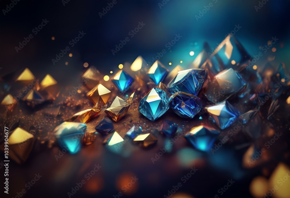 Poster A collection of blue and gold geometric shapes arranged on a textured surface, illuminated by soft bokeh lights.