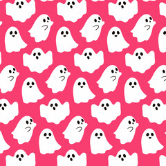 Seamless pattern with cute ghosts on pink. Halloween background design. Repeating print for fabric, wrapping paper, textile