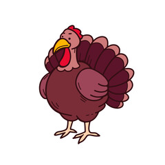Cute colored turkey doodle. Happy Thanksgiving festive character. Bird for invitation, greeting cards. Vector hand drawn doodle illustration.