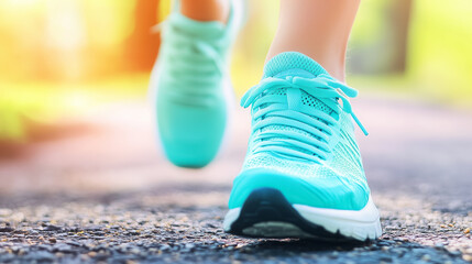 Running shoes make contact with a trail path during an energetic outdoor run in bright sunlight