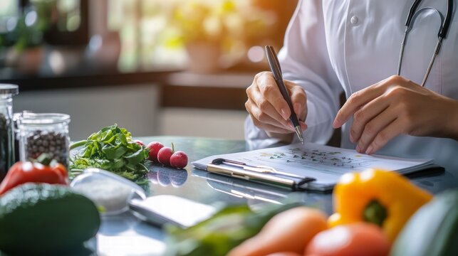Nutritionist designing a tailored meal plan for a client, vibrant kitchen filled with fresh ingredients, focused on health and wellness, fostering a supportive environment