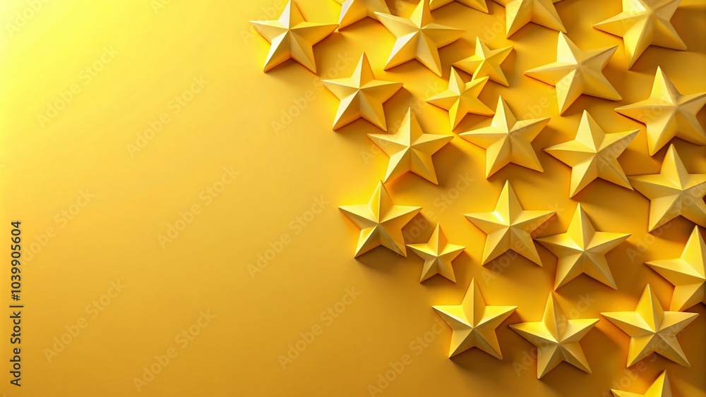 Poster customer rating feedback concept with glossy yellow stars in 3d rendering