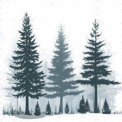 Winter forest silhouettes of fir trees and spruces with wood tree background.