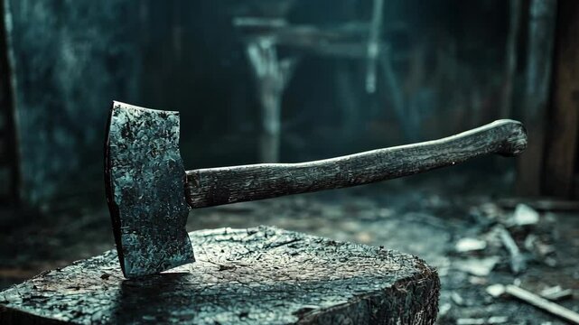 An axe lies on a weathered stump in a dark, smoke-filled room