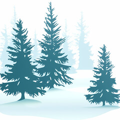 Winter forest silhouettes of fir trees and spruces with wood tree background.
