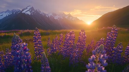 Fototapeta premium Sunset on wild lupines near Mount Cook, New Zealand