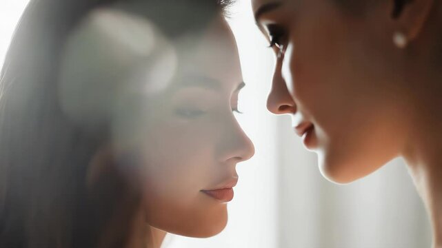 Two lesbian women sharing a loving gaze, radiating tenderness and affection. The concept of LGBT and non-traditional orientation.