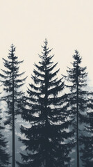 Obraz premium Winter forest silhouettes of fir trees and spruces with wood tree background.