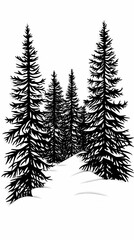 Obraz premium Winter forest silhouettes of fir trees and spruces with wood tree background.