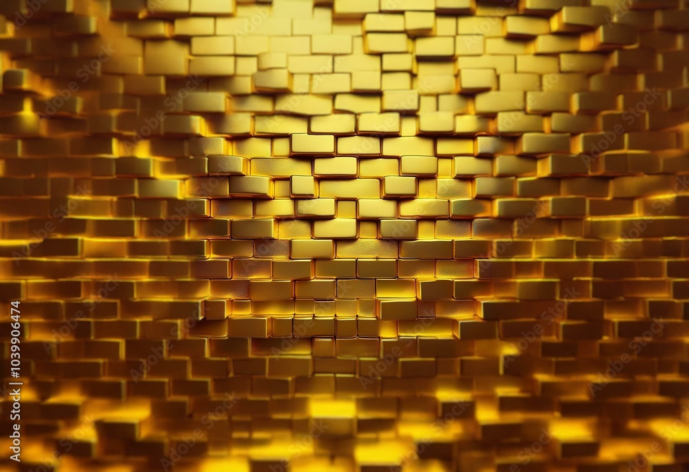 Poster a wall made of shimmering gold bricks, with a slight pattern, appears to be lit from behind, creatin