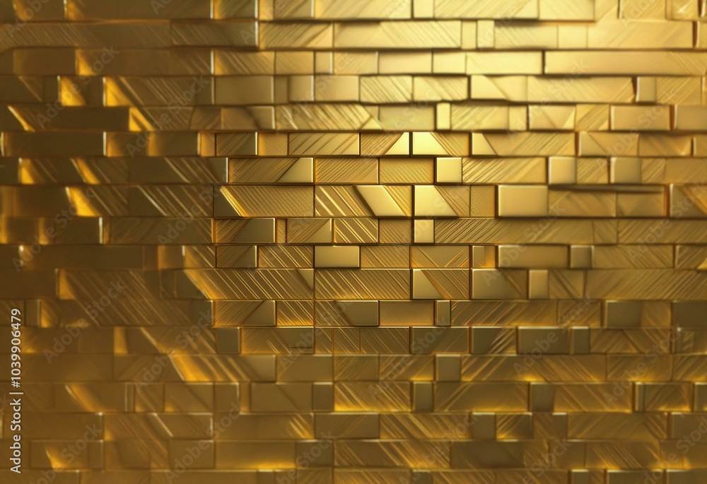 Poster A textured golden wall of rectangular blocks, the surface of each block has angled lines