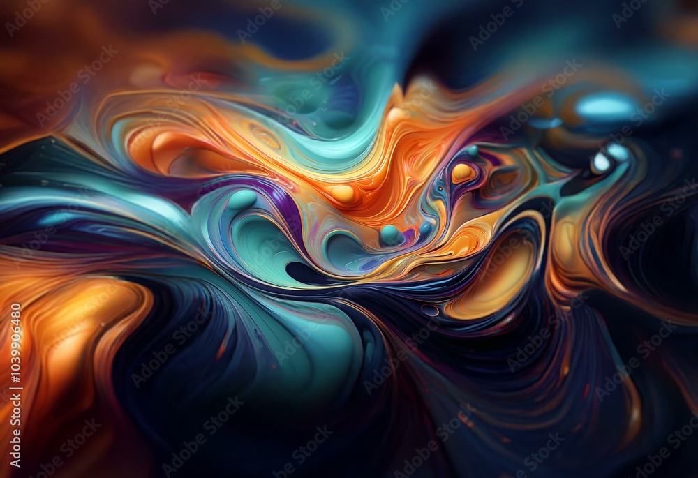 Poster abstract swirling colorful liquid with flowing lines and vibrant hues.