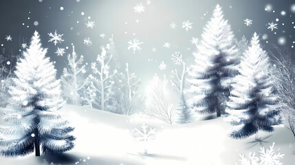 Obraz premium Winter forest silhouettes of fir trees and spruces with wood tree background.