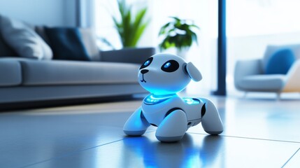 A futuristic robotic pet interacting with a smart home system, clean and innovative environment with a focus on interactive robotics, Interactive style
