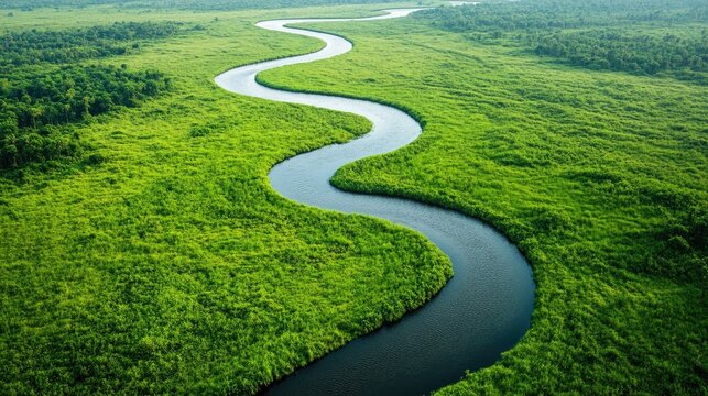 Scenic aerial shot of a winding river amidst lush green fields, showing nature's intricate design.