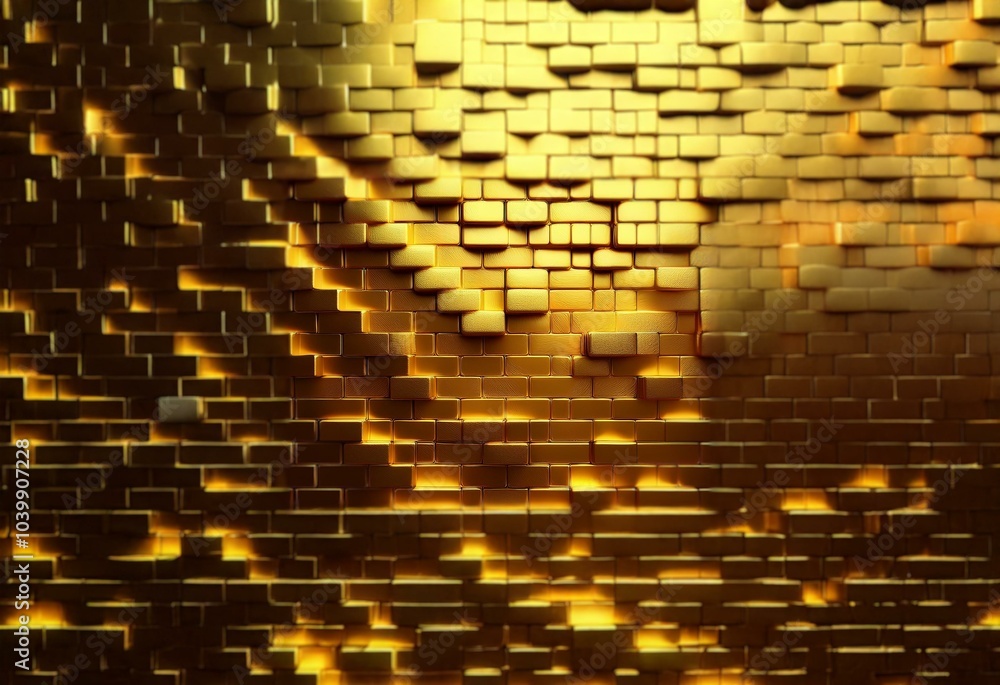 Poster a wall of golden blocks with a glowing light pattern.