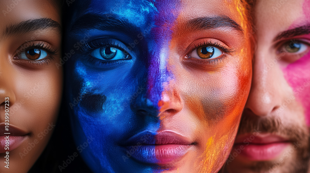 Poster three individuals display colorful face paint, celebrating unity and cultural expression in a vibran