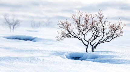 Solitary tree against a snowy, white background, showcasing natural beauty and resilience.